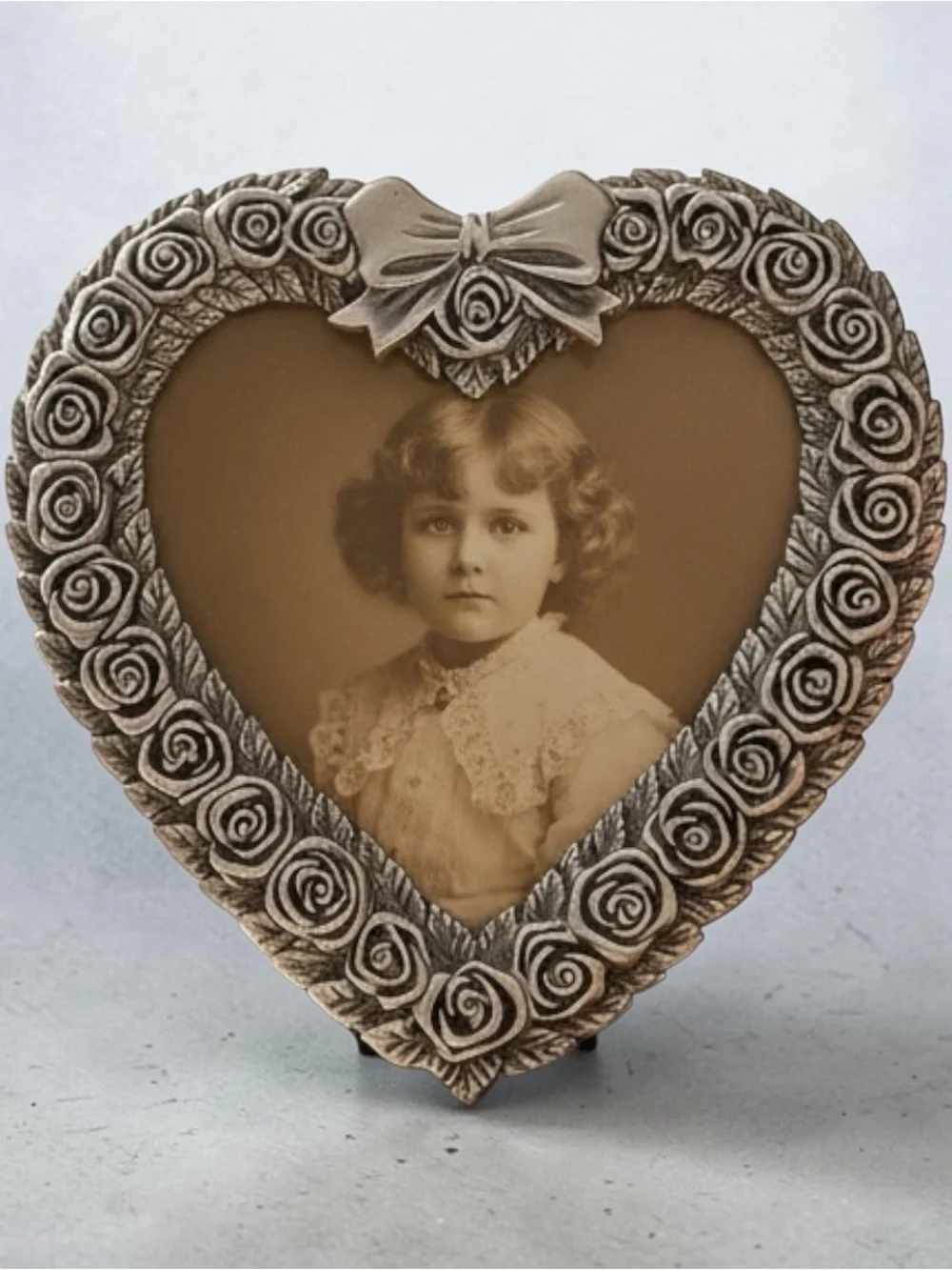 Victorian style small picture frame, M. T. accents, pewter, glass intact